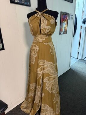 Knotted Halter Maxi Dress in Mustard with Cream Floral